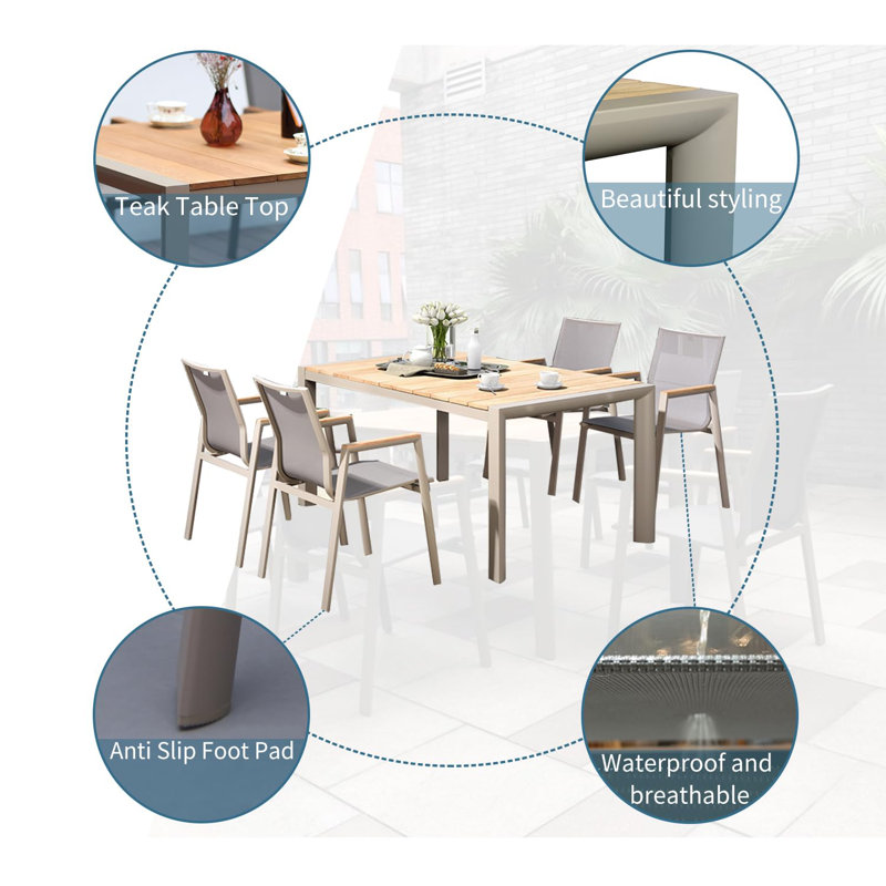 Mikilah 4 - Person Metal Patio Dining Set with Rectangular Table, 29.5" H x 63" W x 35.4" L