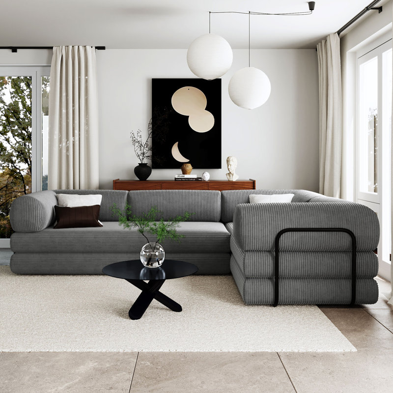 Canapé-lit modulaire en L en velours côtelé, Polyester gris, H 26,2 po x l 116,1 po x P 79,9 po