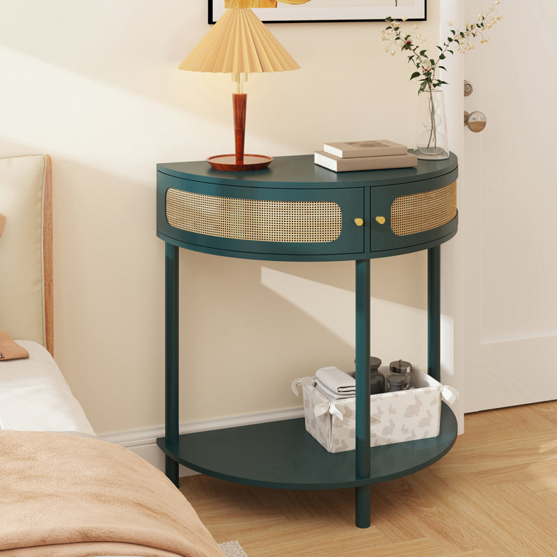 Wooden console Table with Sliding Rattan Door and buttom shelf, Antique Green