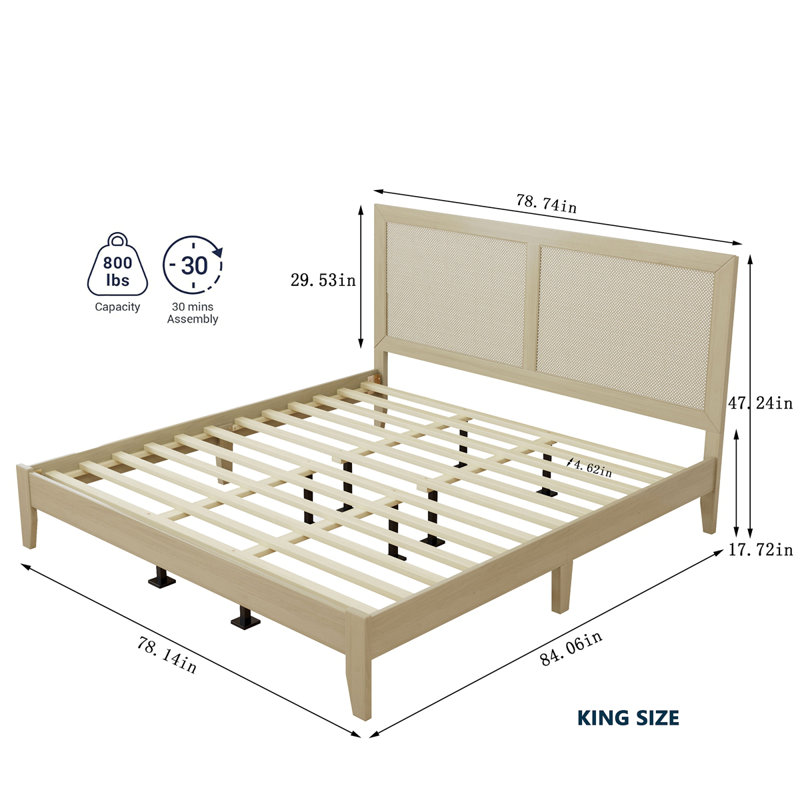 Solid Wood Platform Bed With Rattan, King