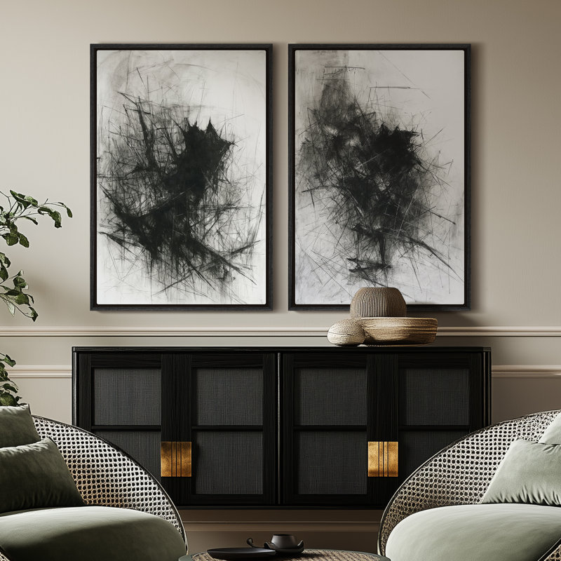 Art mural encadré sur toile - Abstrait noir, art mural pour chambre à coucher - 24 po x 36 po x 2 pièces, H 36 po x l 24 po