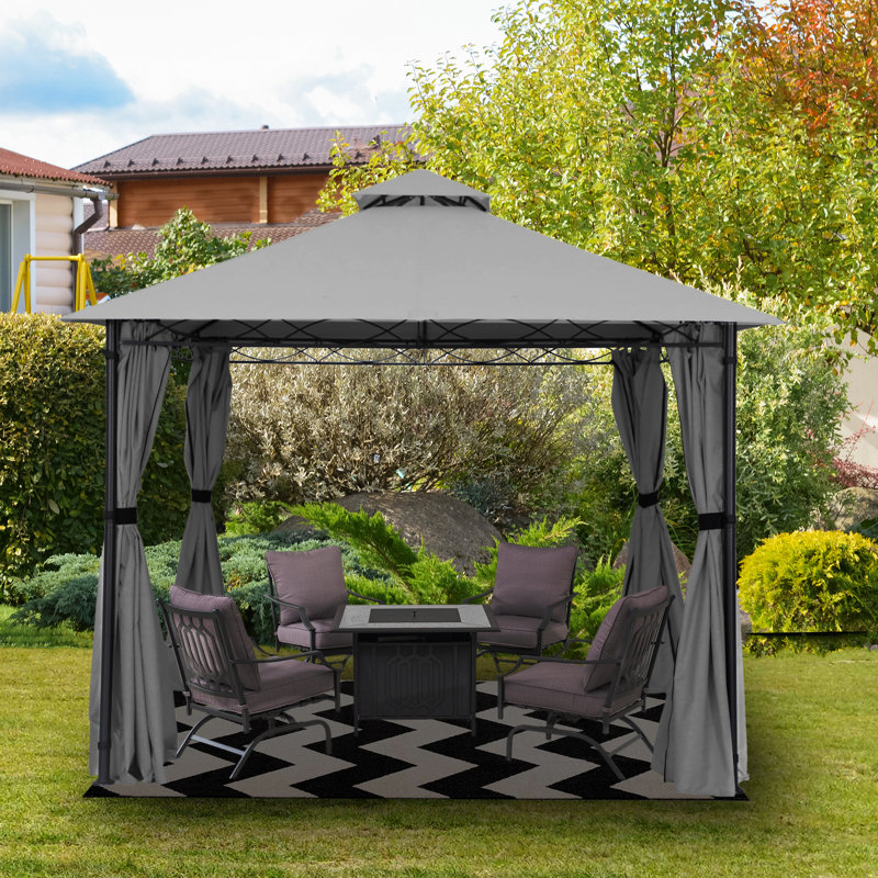 Pavillon de jardin en acier à toit souple avec rideau épais (assemblage rapide sans outil), Gris, Bordure de jardin x 10 pi,