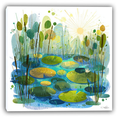 Golden Sun at Dawn - Sun-Kissed Pond Botanical Canvas Wall Art
