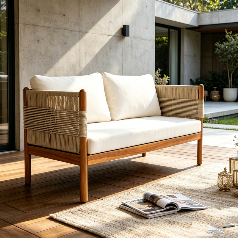 Outdoor Acacia Wood Loveseat Sofa, Beige,Cream,Teak