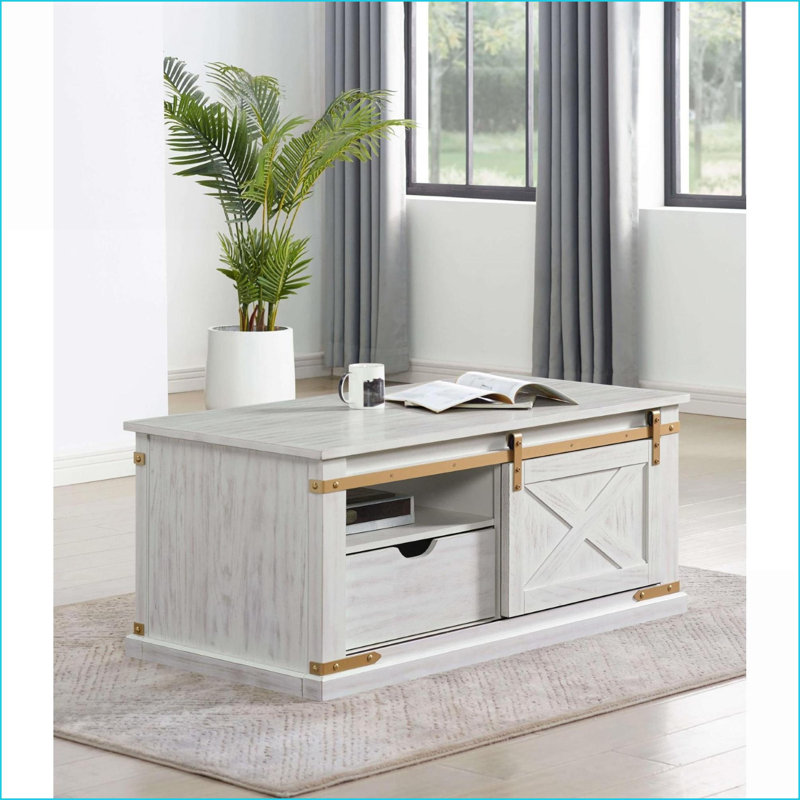 Table basse rustique blanc antique avec accents dorés, tablettes ouvertes Tiroir pour le salon