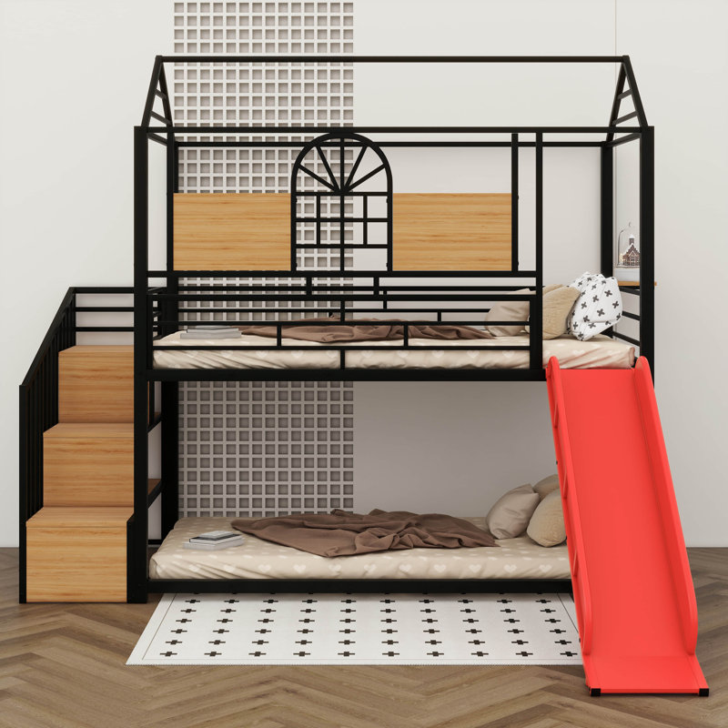 A Metal Twin-Over-Twin Bunk Bed Featuring A Slide And A Storage Staircase, Black/Red
