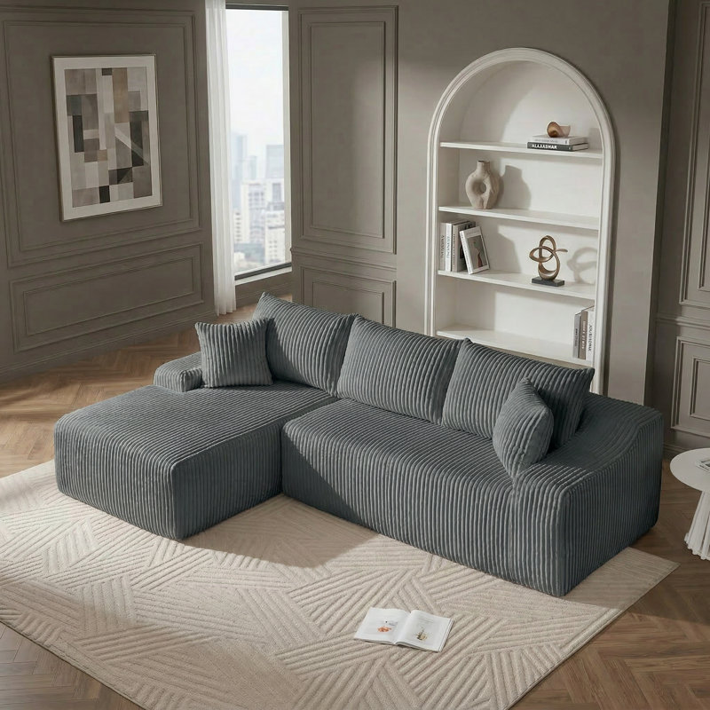 108" Plush Boneless Corduroy Modular Sectional Sofa, Spacious L-Shaped Couch For Cozy Living Spaces, Left Hand Facing, Gray