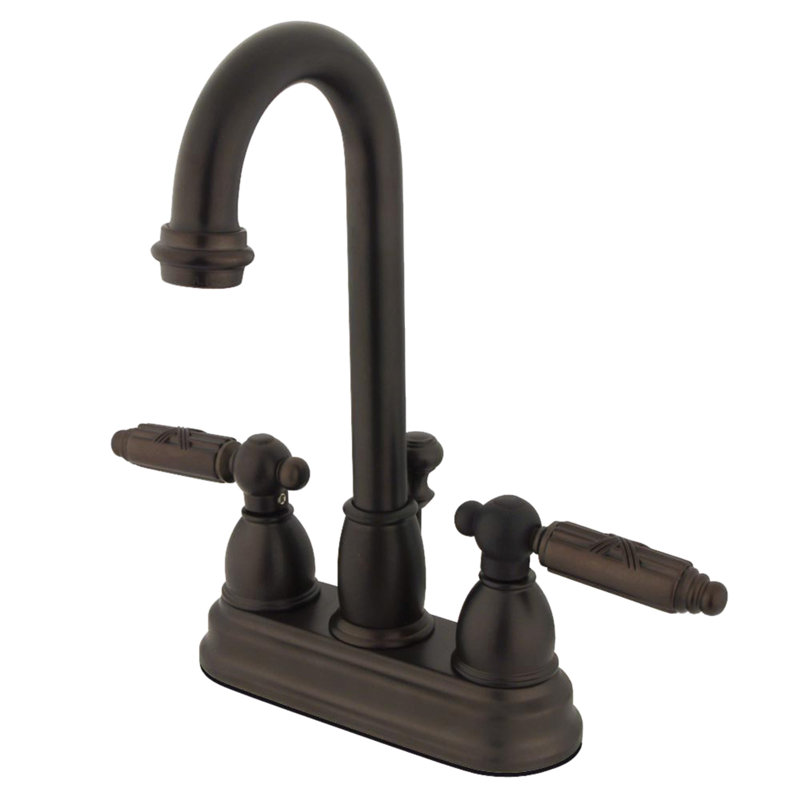 Kingston Brass Vintage Two-Handle 3-Hole Deck Mount 4" Centerset Bathroom Faucet with Plastic Pop-Up, Polished Brass, Lever 1