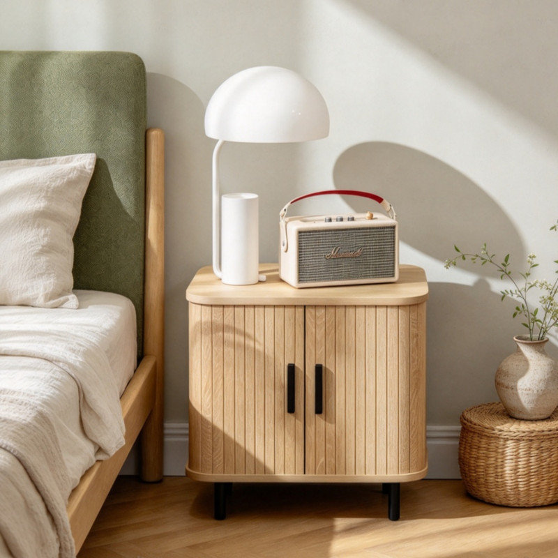 Oak Tone Nordic Bedside Table, Side Table with Roller Shutter Style Sliding Doors and Sturdy Metal Legs for Bedroom Living Room