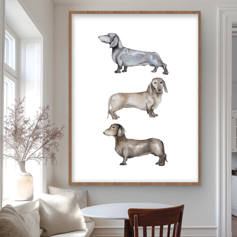 Petit imprimé de chien teckel | Décoration intérieure mate encadrée grise