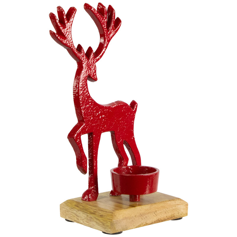 Reindeer And Tree Metal Christmas Tealight Holder, Red, 8" H x 5.5" W x 3" D