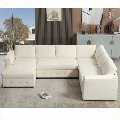 Canapé modulaire, canapé moderne en U en chenille beige de 110,75 po avec méridienne de rangement pour le salon | Beige | Bois
