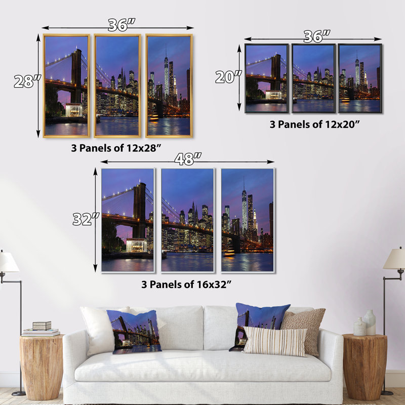 Pont de Brooklyn et Manhattan au coucher du soleil - 3 pièces, reproduction sur toile