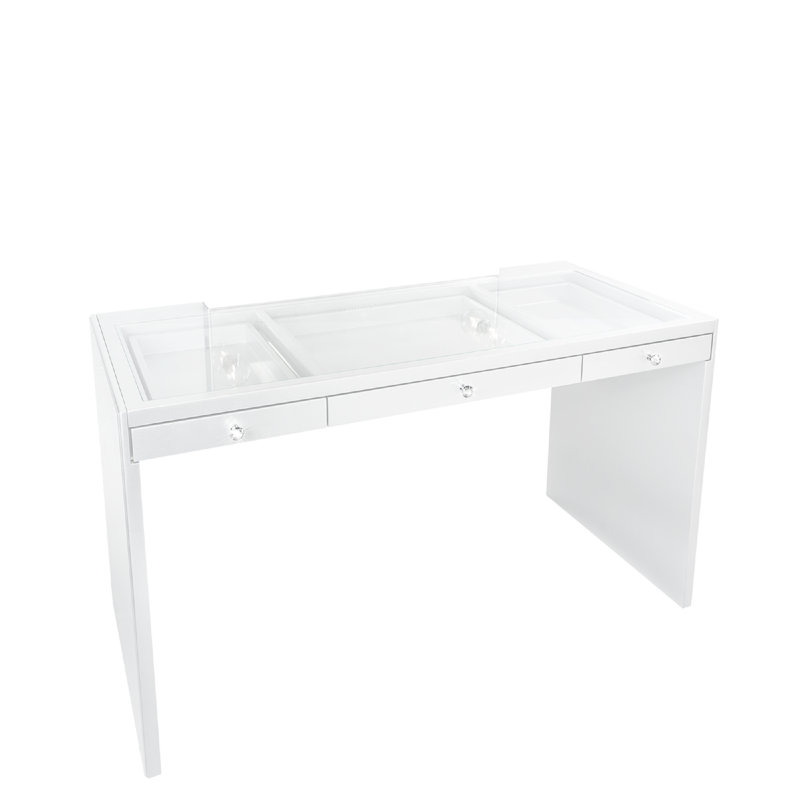 La table de coiffeuse Slay Station Plus comprend trois tiroirs avec verre transparent, Blanc