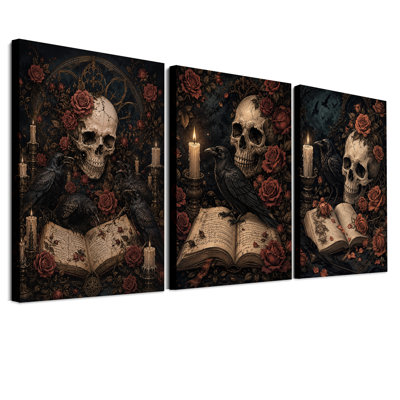 Ensemble de 3 toiles murales d'Halloween : Trois crânes avec corbeaux noirs et rouges