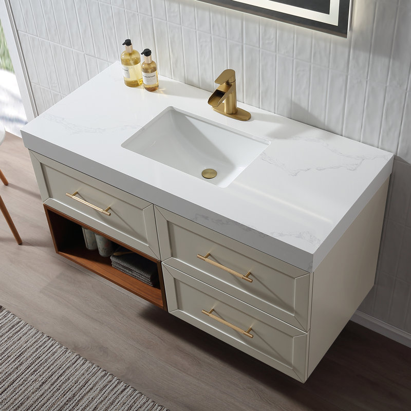 48" Wall Mounted Single Bathroom Vanity with Quartz Top, Gray