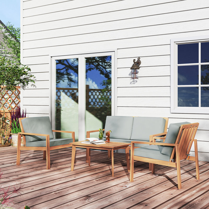  4-Seater Wooden Garden Furniture Set with Cushions, Light Grey, Teak