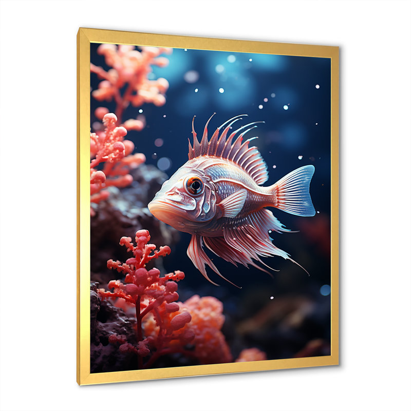 «Beautiful Fish in Coral World», reproduction sur toile, Cadre doré simple, H 32 po x l 24 po x P 1 po