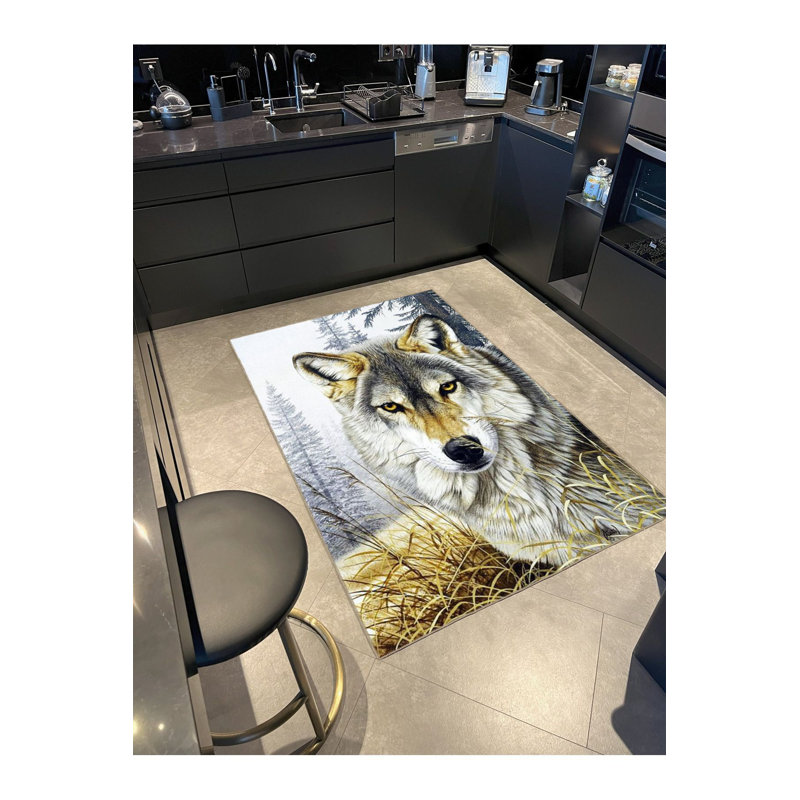 Tapis décoratif à motif de loup lavable à la machine, Sous-tapis rond 3 pi 3 po inclus
