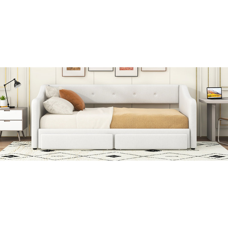 Lit de jour simple rembourré beige très grand avec deux tiroirs de rangement, sièges moelleux, lattes en bois pour un soutien extensible, facile à assembler
