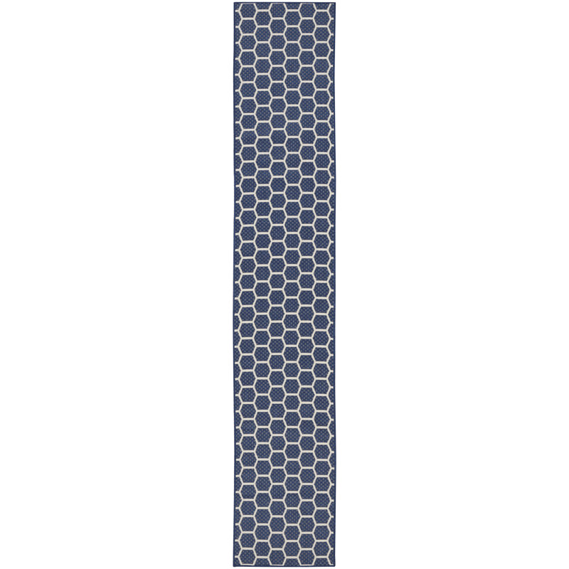 Kurmanbek Geometric Reversible Indoor / Outdoor Area Rug in Navy, Runner 2'2" x 12'