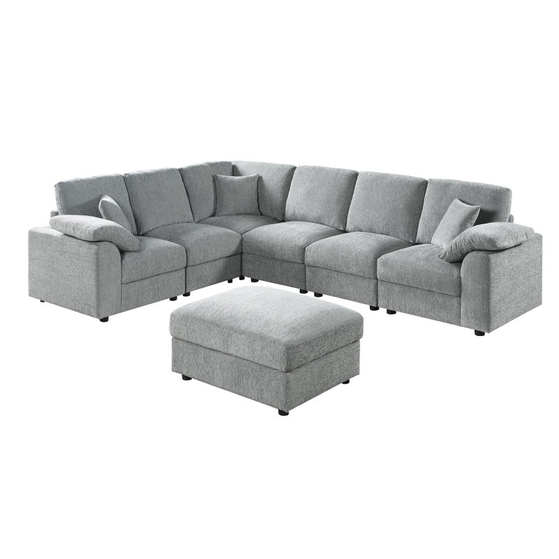 7-Piece Upholstered Corner Sectional, Light Gray Chenille