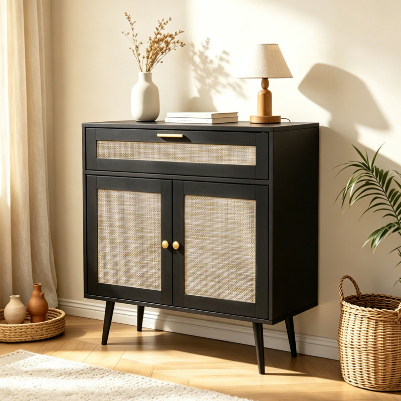 Rattan Sideboard Buffet, Boho Kitchen Cabinet With Drawer & 2 Doors, Modern Mid Century Accent Cabinet With Adjustable Shelf, Coffee Bar For Living Room, Entryway, Kitchen, Black