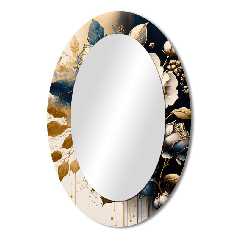 Black And Gold Camellia Bouquet I - Black Oval Wall Mirror Decor, 36" x 24"