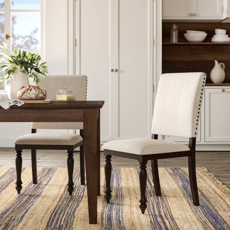 Demaria 25"W Transitional Upholstered Dining Side Chair with Nailhead Trim— Beige/Espresso