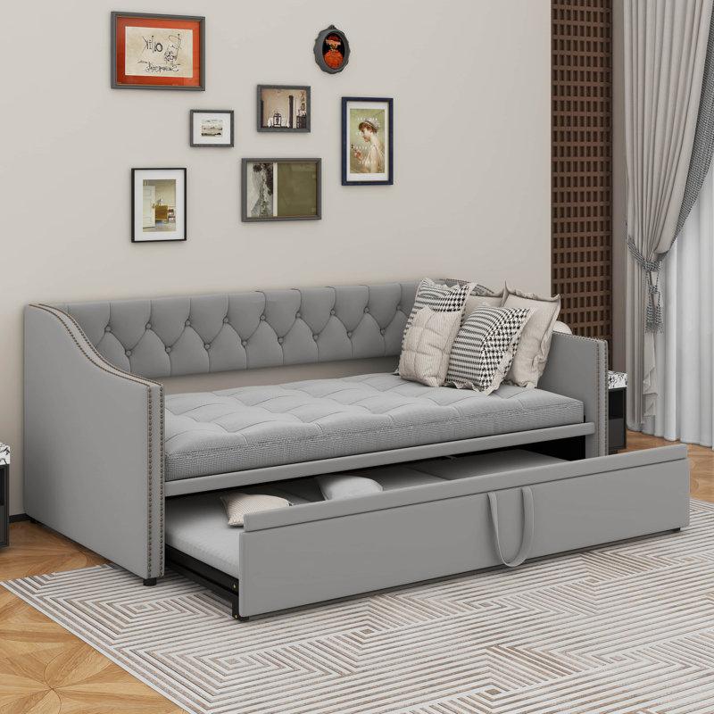 Twin Size Upholstered Daybed With Trundle, Gray