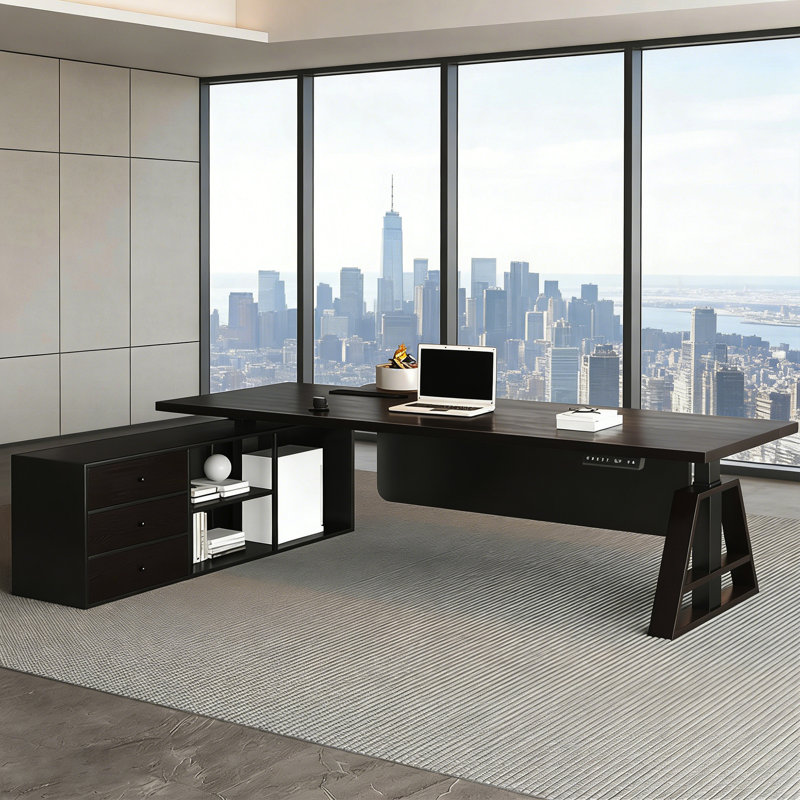 Bureau de direction électrique à hauteur réglable en bois massif noir Modern Luxury | Grande armoire latérale grande capacité | Bureau de designer