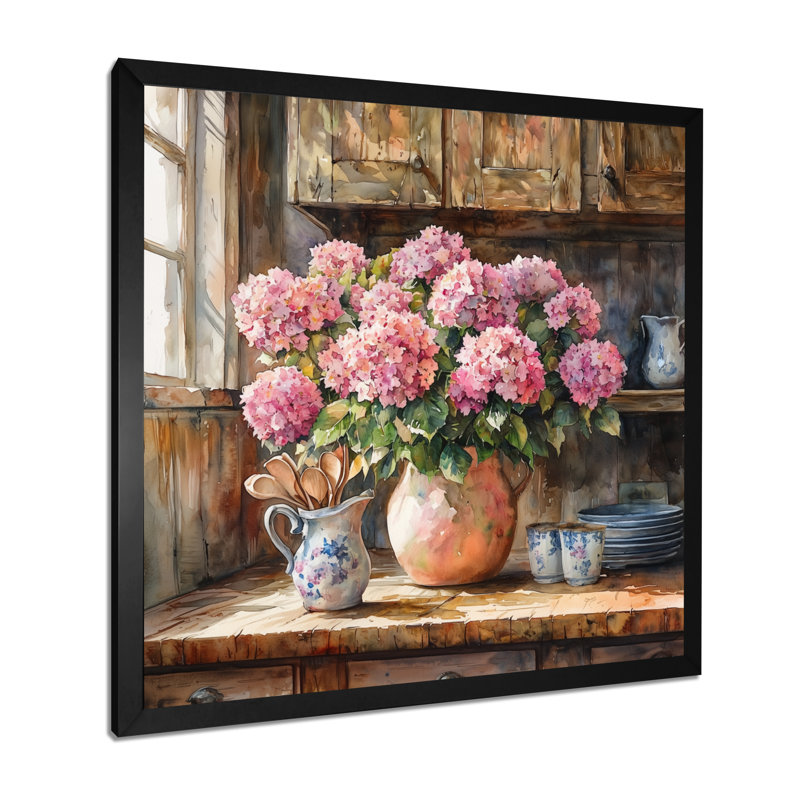 Hortensias à la ferme, cuisine dans un vase en poterie I - hortensia, décoration murale, Noir, noir, noir, noir