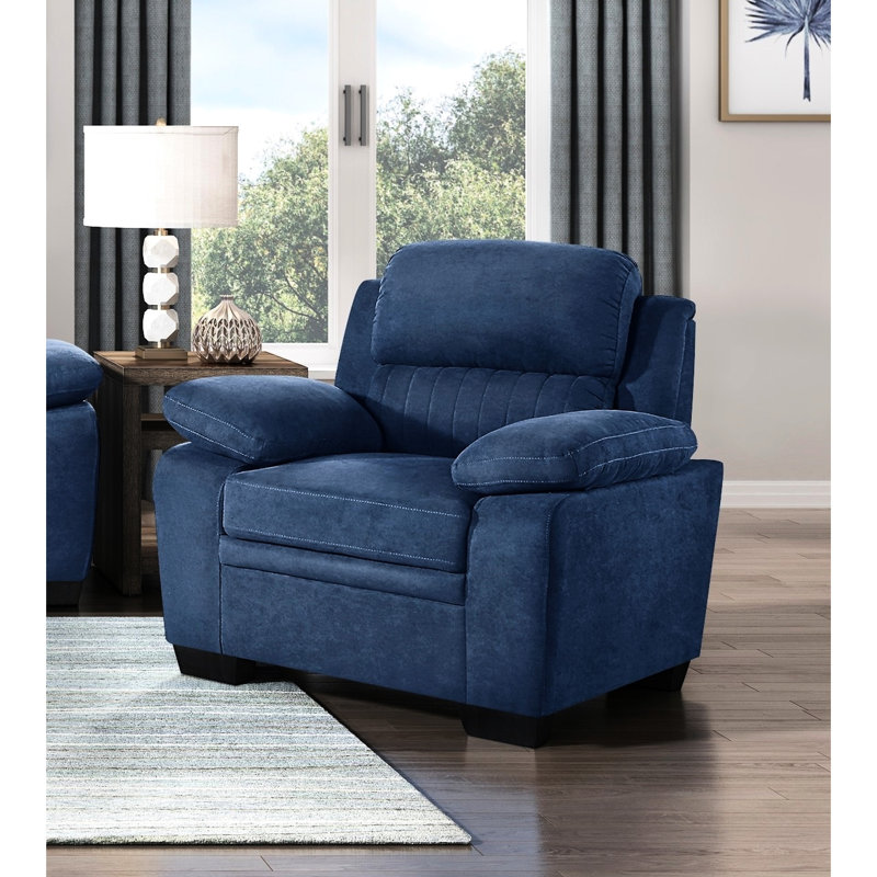 Chaise contemporaine en bois massif avec support en tissu texturé bleu et siège moderne