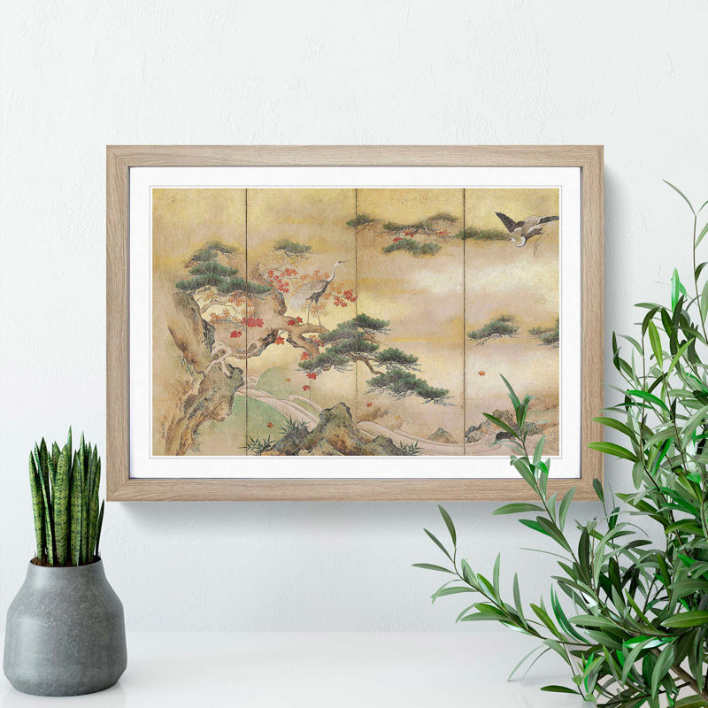 The Cranes Beside a Lake by Hashimoto Gaho - Picture Frame Painting Print, Oak Framed, 27cm H x 36cm W x 2cm D