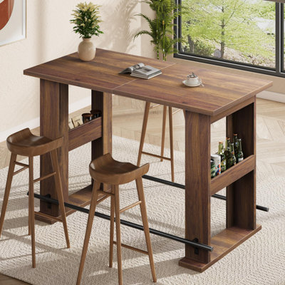 63''Bar Table, Wooden Home Coffee Bar Unit with Storage, Farmhouse Counter Height Pub Table with Metal Footrest for Home Kitchen, Dining Room, Bistro, Living Room, Walnut-ONLY TABLE