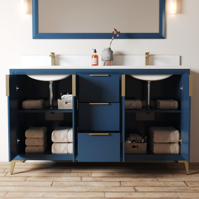 Ensemble de meuble-lavabo double 60 po Rennert, Bleu