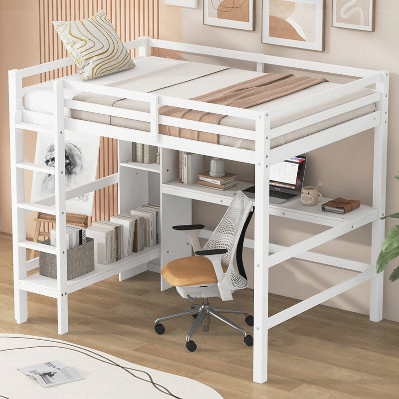 Lit mezzanine avec tablettes multifonctionnelles et bureau sous le lit, Blanc