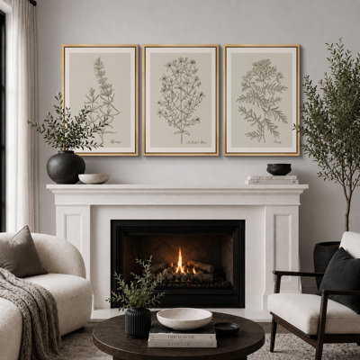 Minimal Botanical "Duotone Beige Green Classic Artwork, Simple Neutral Botanical Wall Pictures, Large Framed Canvas Giclee Print 3 Pieces Wall Art Set"  16"x24"x3 pcs, 24"x36"x3 pcs