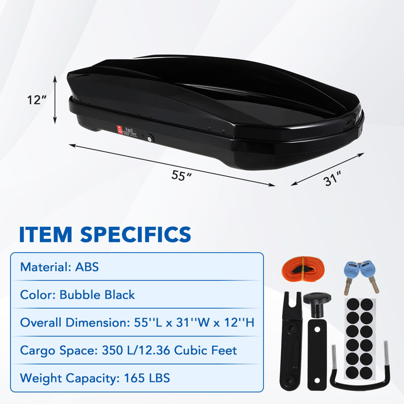 Hard Shell Roof Top Cargo Carrier, 12.4 Cu.Ft Waterproof Car Roof Storage Box with Security Keys, Dual-Sided Opening, Tool-Free Installation, with 2 Reinforced Straps and 2 Keys for Car, Wagon, SUV