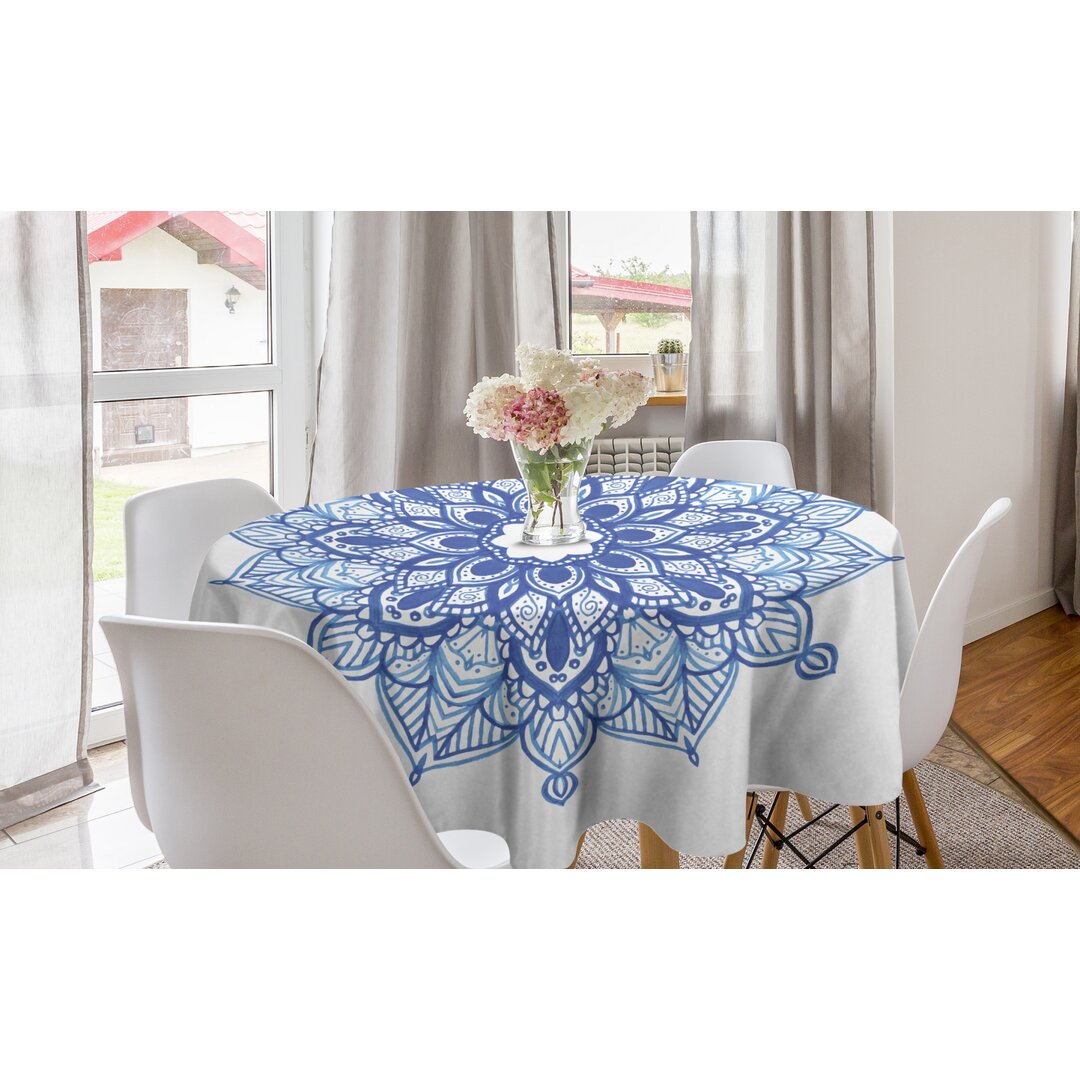 Runde Tischdecke, Ethnische Ornament Blume, Blauer Mandala, Azur blau Dunkles Himmel Blau