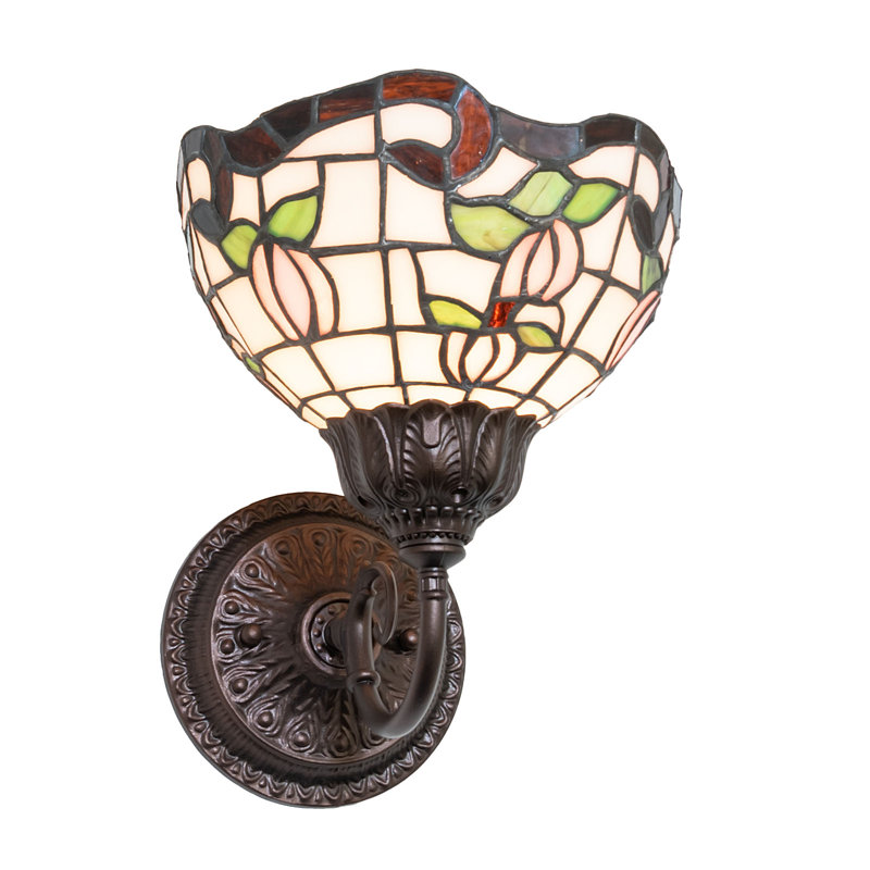 7" Wide Roseborder Wall Sconce, White/Pink/Green/Amber, 9.5" H x 8" W x 9.5" D