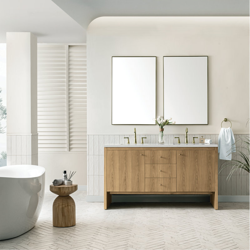 Hudson 60'' Double Bathroom Vanity with Top, Lime Delight, 8" Widespread, Light Natural Oak