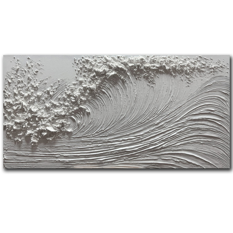 Peinture de paysage marin blanc texturé à la main sur toile, art abstrait de grandes vagues océaniques de 20 x 40 pouces, décoration murale acrylique lourde empâtement, prête à être accrochée