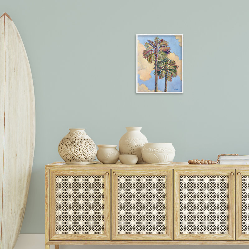  Deux palmiers et nuages, estampe numérique par Paul Brent, H 20 po x l 16 po, Estampe numérique encadrée blanc bord de mer