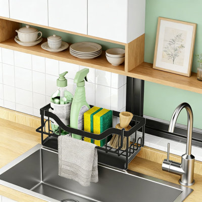 Stainless Steel Kitchen Sink Organizer With Auto Drain Tray, Detachable Towel Rack, And Sponge Holder For Countertop Or Sink