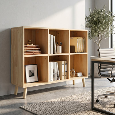 41.8" Wide Solid Pine Wood 6-Cube Storage Organizer, Mid-Century Modern Low Bookshelf & Display Cabinet for Nursery, Living Room and Entryway