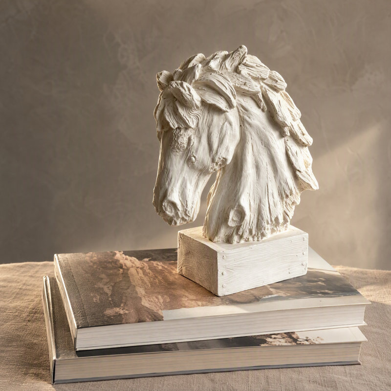 Sculpture tête de cheval rustique avec base, figurines d'animaux de ferme, Blanc