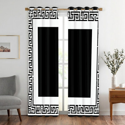 2Pcs Black and White Greek Key Pattern Curtains, Minimalist Style Curtain, Modern Geometric Border Printed Art Grommet Drapes, Window Treatment for Bedroom Living Room Decor