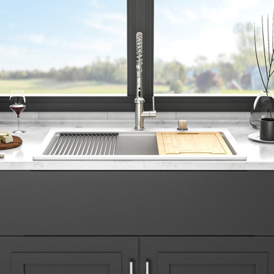 33X22" Black Quartz Workstation Drop - In Kitchen Sink, High End Quartz, Thick And Strong, Smooth Surface Protects Hands, Comes With Installation Accessories Strainers Quiet Package Guide