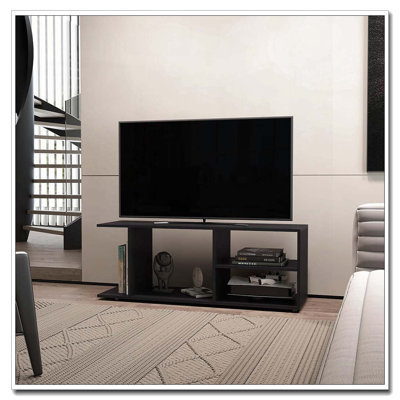Meuble télé noir avec rangement ouvert